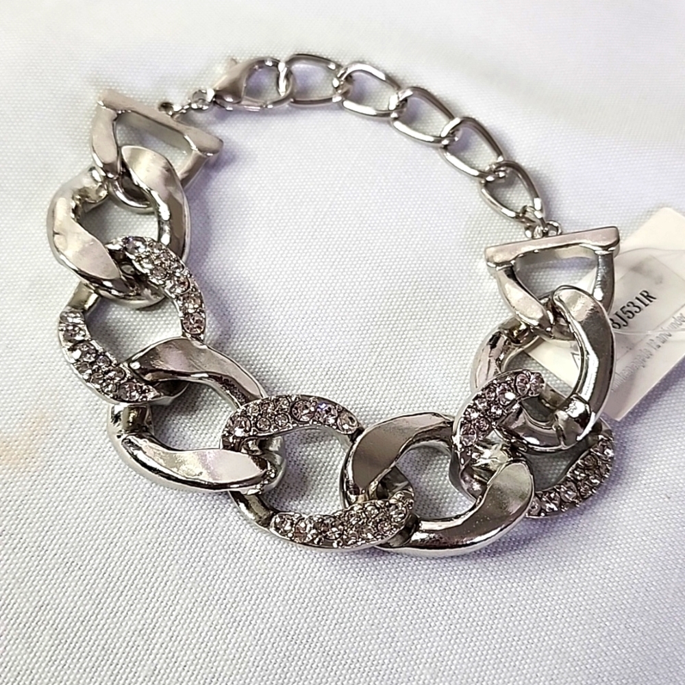 Chunky Silver Chain Link Bracelet with Crystal Stones New
